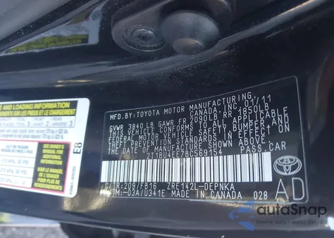 2011 Toyota Corolla Le z USA, uszkodzony, nr VIN 2T1BU4EE7BC569154